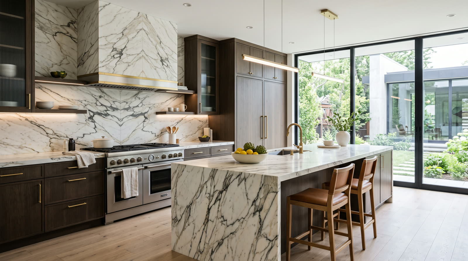 Thermador range under a Calacatta marble hood