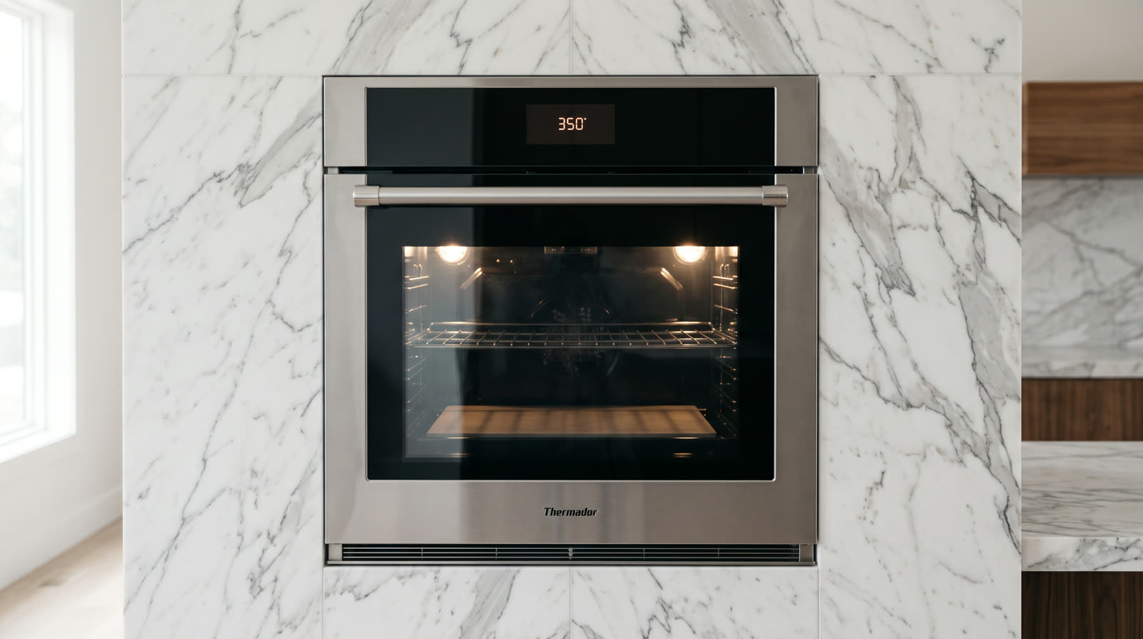 Thermador wall oven in a marble wall