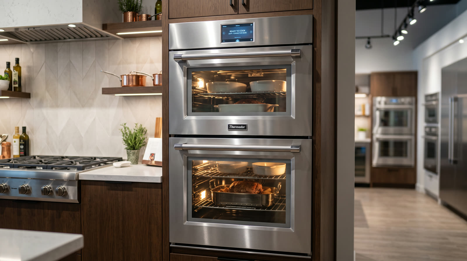 Thermador oven stack midway through a bake